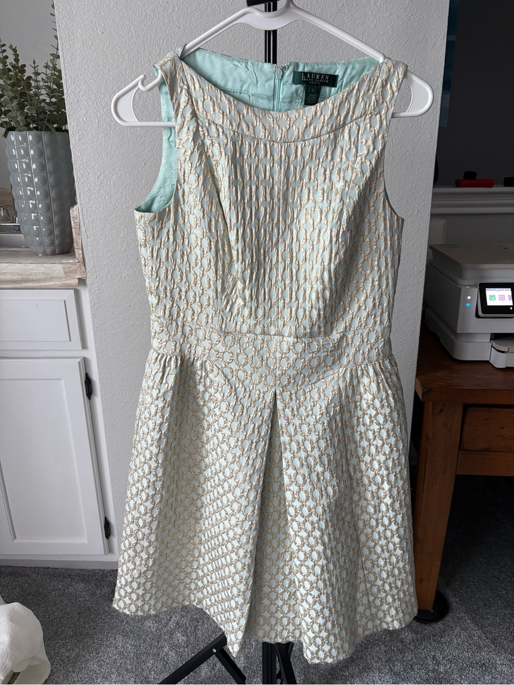 Ralph Lauren Mint and Gold Cocktail Fit-and-Flare Dress size 2